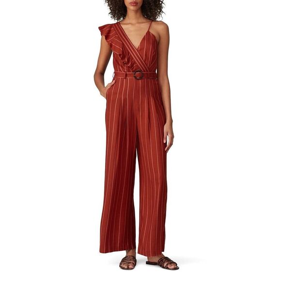 Three Floor Pants - Three Floor Margaux Jumpsuit Womens 4 Burnt Orange Linen Striped Ruffle NWT
